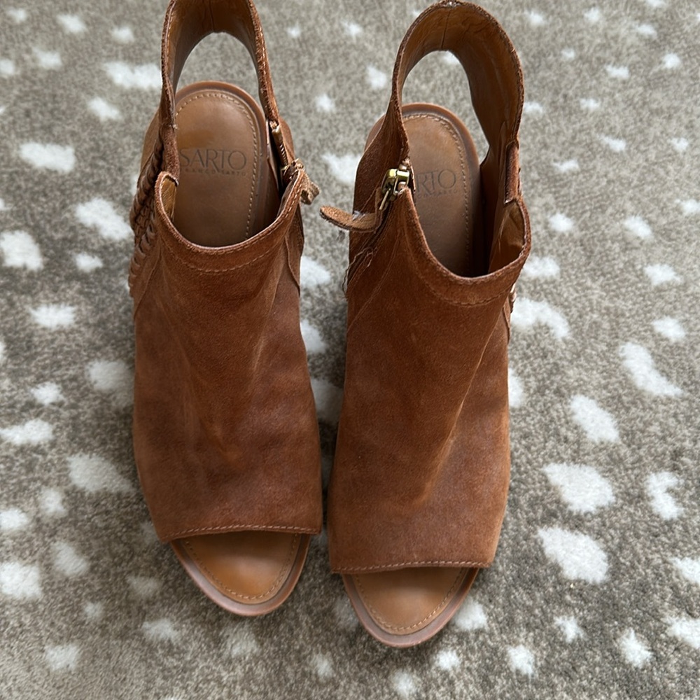 Cognac Suede Block Heel Open Toe Bootie Sandals - image 2